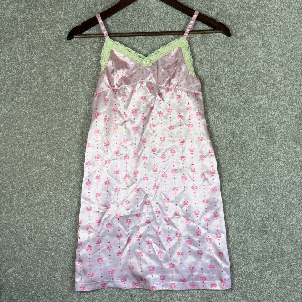 Candies Pink Crown Polka Dot Satin Lace Trim Chemise Nightgown XS